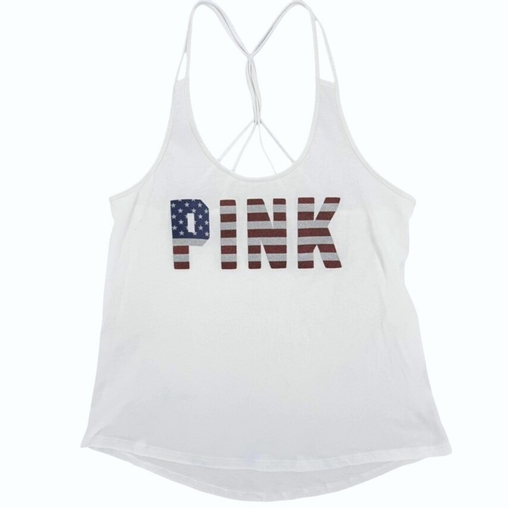 Victoria's Secret PINK American Flag Tank White Glitter Americana Small